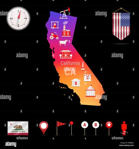 mapa de california la vista de noche icono de la brújula elementos de navegación del mapa