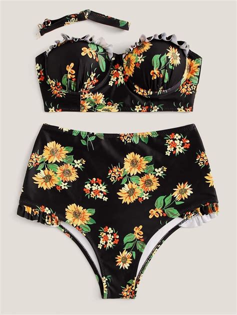 Black Sunflower Print Bandeau Swimsuit With High Waist Bikini Bottom