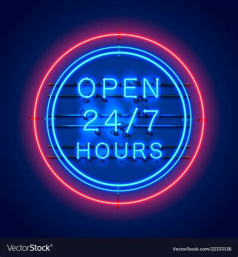 Neon Signboard 24 7 Open Hours Royalty Free Vector Image