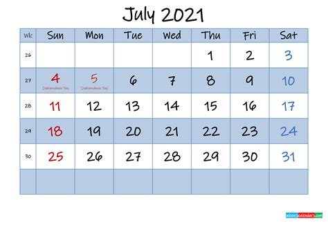 Free July 2021 Monthly Calendar Pdf Template K21m427 Free
