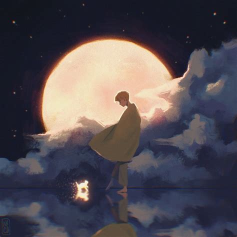 A Man Standing On Top Of A Cloud Filled Sky Next To A Giant Full Moon