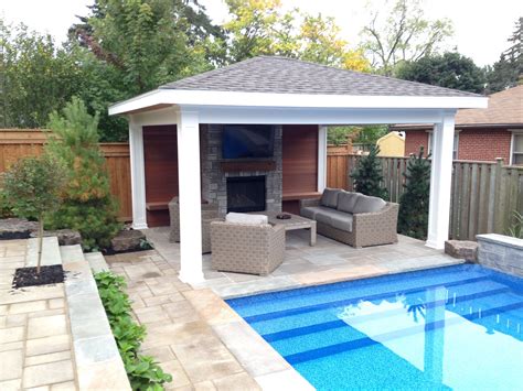 Poolside Pavilion Pool House Featuring Fireplace Kayu Batu Accent