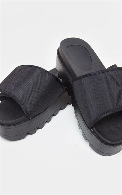 Black Velcro Strap Flatform Slider Shoes Prettylittlething