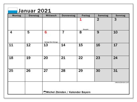 Sehen sie die links unten für weitere informationen über kalender in deutschland Kalender "Bayern" Januar 2021 zum ausdrucken - Michel Zbinden DE