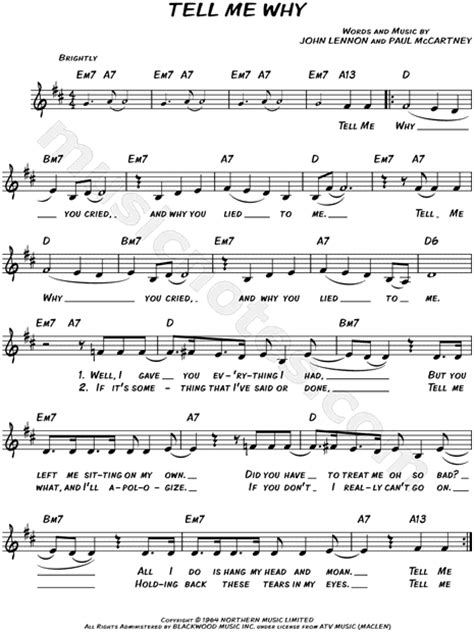 The Beatles Tell Me Why Sheet Music Leadsheet In D Major Download