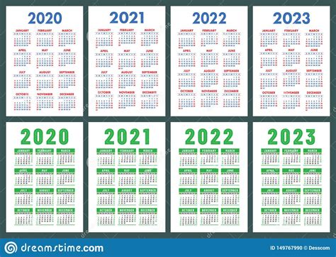 Calendar 2020 2021 2022 And 2023 English Color Set Vertical Wall Or