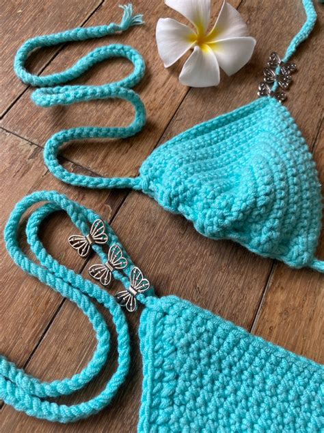 Turq Blue Beaded Butterfly Crochet Bikini Set Etsy