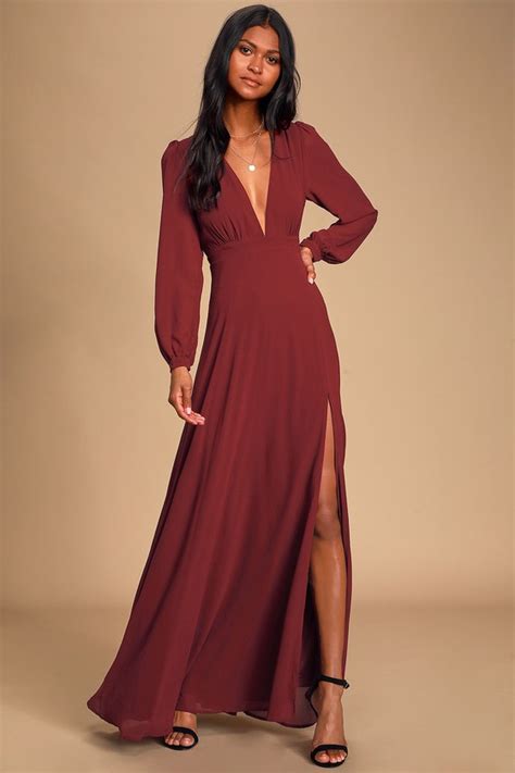 Lovely Burgundy Gown Long Sleeve Maxi Dress Maxi Dress Lulus