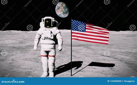 Astronaut On The Moon Near The Us Flag Salutes 3d Rendering Stock