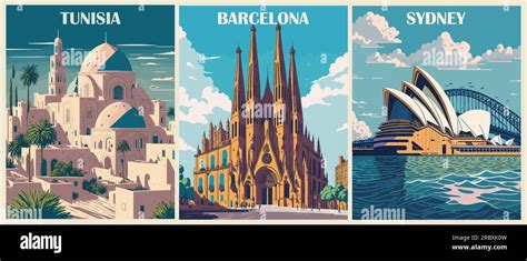Set Of Travel Destination Posters In Retro Style Stock Vector Image