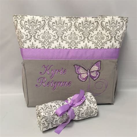 Purple Butterfly Diaper Bag Set Gray Damask Bottle