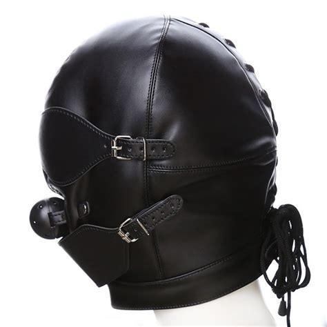 Fetish Hood Headgear With Mouth Ball Gag Pu Leather Bdsm Bondage Sex Mask Hood Toys Adult Games