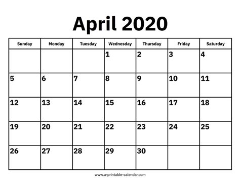 April 2020 Calendars Printable Calendar 2020