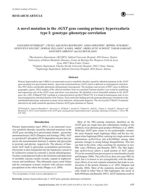 A Novel Mutation In The Agxt Gene Causing Primary Hyperoxaluria Type I