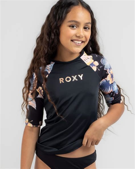 Roxy Girls Swim For Good Time Short Sleeve Rash Vest In Anthracite Reef Flower S Free