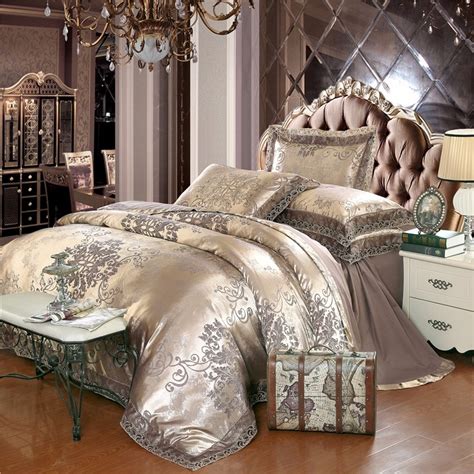 Luxury Satin Jacquard Bedding Set Queenking Size Bed Set Gold Silver