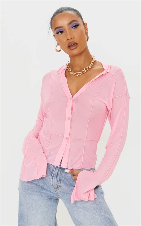 Pink Mesh Contrast Seam Long Sleeve Shirt Prettylittlething