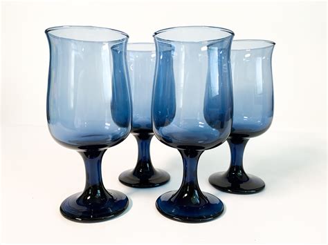 Vintage Set Of 4 Dusky Blue By Libbey Water Glasses Stemware 4 Vintage Blue Goblets Tulip Shaped