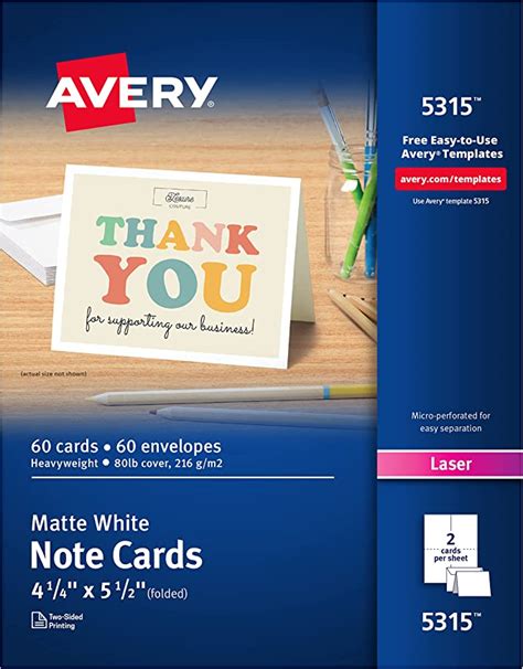 Avery 5315 Tarjetas De Notas Impresoras Láser 60 Tarjetas Y Sobres