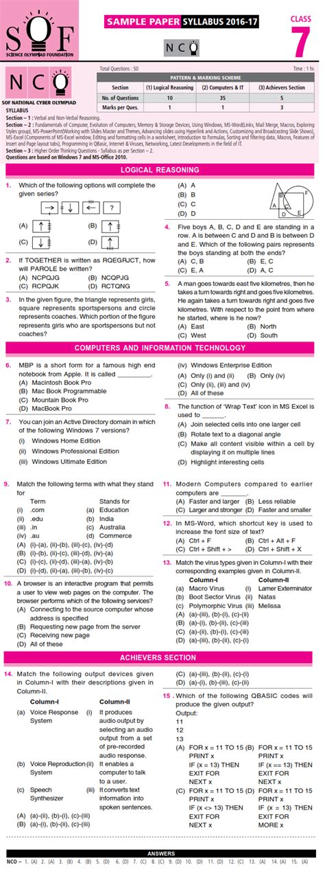 Nco Nso Imo Ieo And Igko 2017 18 Class 7 First Level Sample Papers