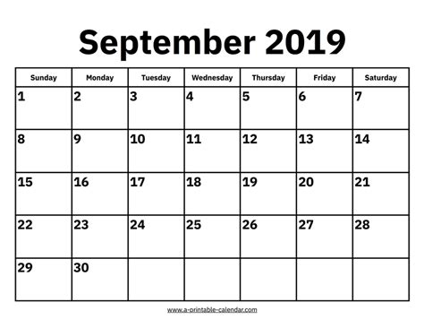 September 2019 Calendar A Printable Calendar