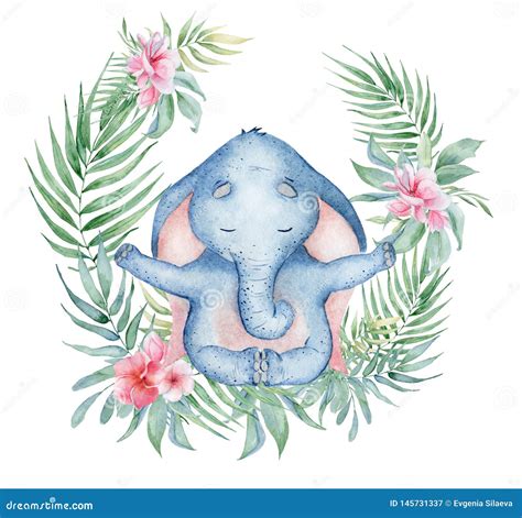 Watercolor Yoga Elephant In Lotus Position With Flowers Cute Hand Drawn