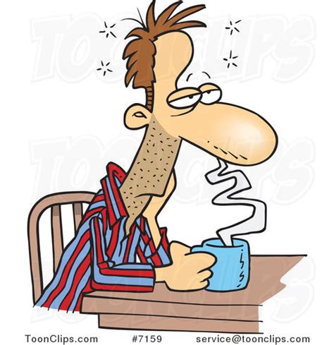 Cartoon Sleepy Guy Sitting With Coffee 7159 By Ron Leishman