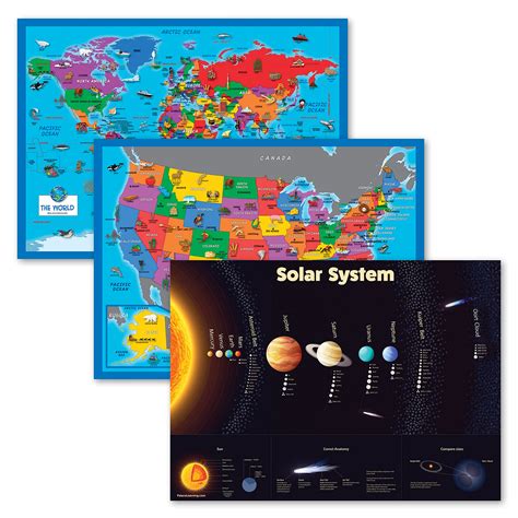 Buy 3 Pack World And Usa Map Chart Illustrated Short Solar System