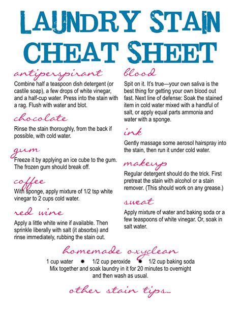 Stain Cheat Sheet Good To Know College Diy Cleaning Products Cleaning Organizing Cleaning