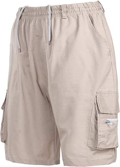 Mens Elastic Waistband Multi Pocket Cargo Shorts Lightweight Cotton
