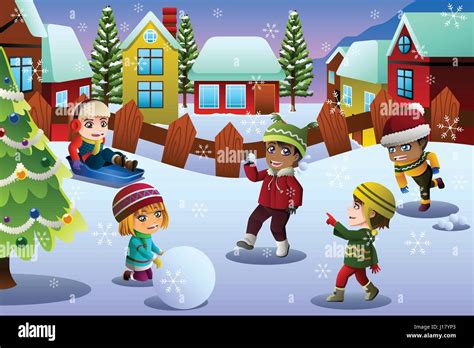 A Vector Illustration Of Kids Playing In The Snow During Winter Season