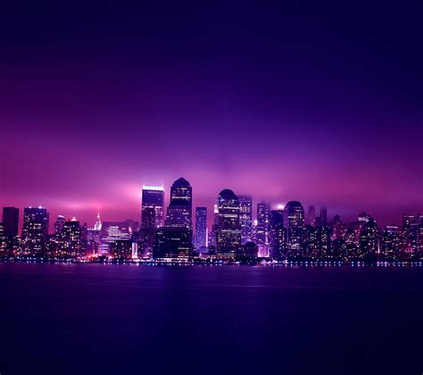 City Dark Lights Night Ocean Purple Skyline Hd Wallpaper Peakpx