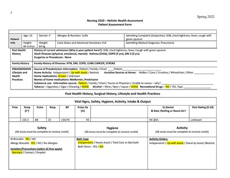 Patient Assessment Form Spring 2022 Nursing 3320 Holistic Health