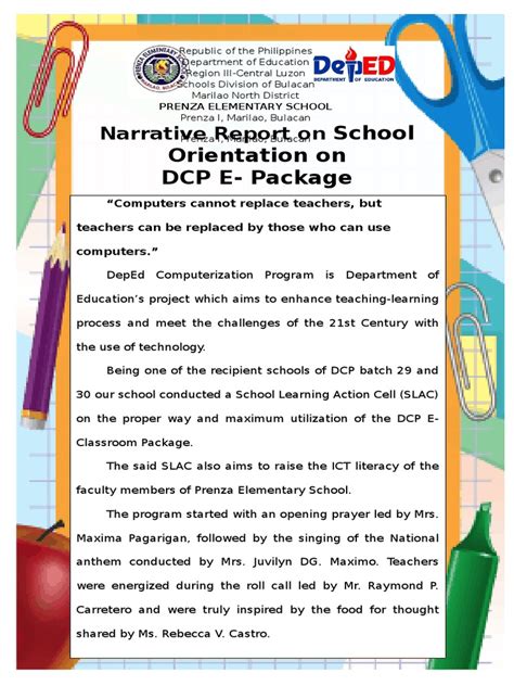 Narrative Report On School Orientation On Dcp E