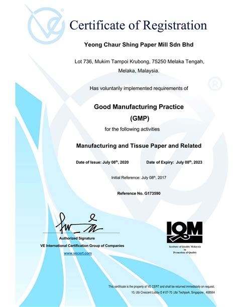 Will progressively review relevant legislative instruments, codes of practice, or guidelines. Certification - Yeong Chaur Shing Paper Mill Sdn Bhd
