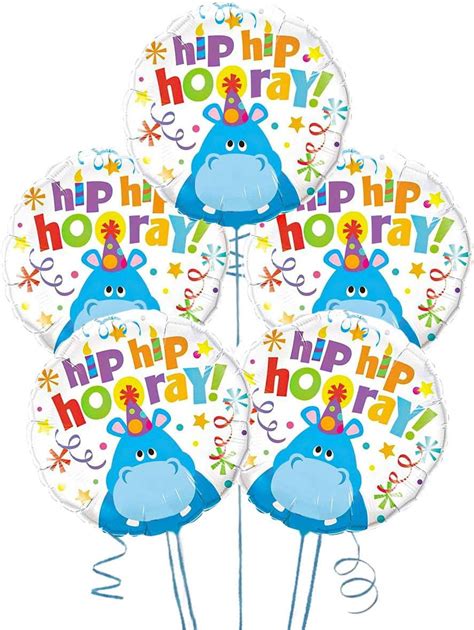 Pmu Happy Birthday Hip Hip Hooray Hippo 18 Inch Mylar Foil Balloon Pkg5