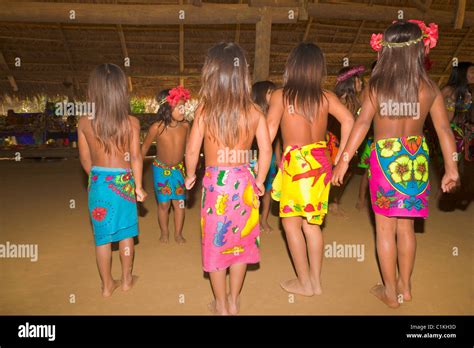 Girls Of The Native Indian Embera Tribe Dancing Embera Village Stock