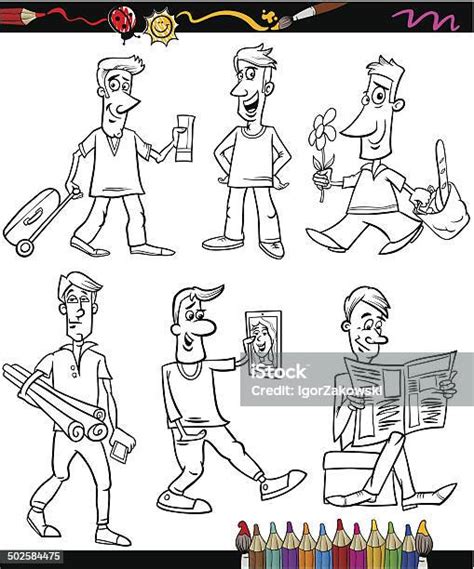 Stock Ilustrace Muži Nastavit Kreslené Omalovánky Stáhnout Obrázek