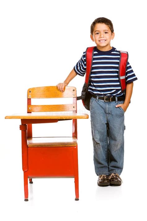 Student Hispanic Boy Stands Next To Desk Stock Image Image Of