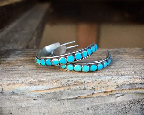 Medium Small Turquoise Hoop Earrings For Women Zuni Style Native