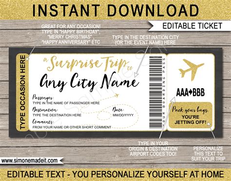 surprise trip boarding pass plane ticket template