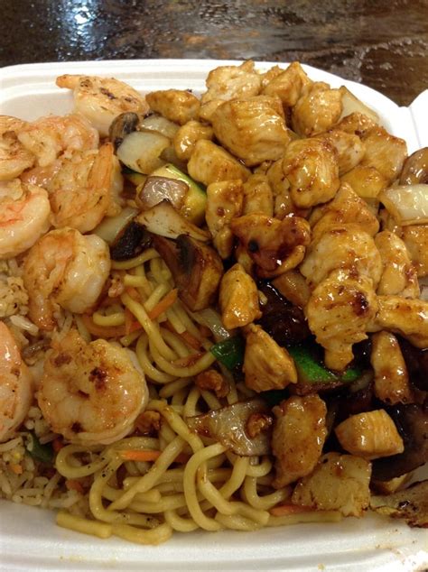 This will take around 20 minutes. Hibachi Chicken and Shrimp with half noodles and half ...