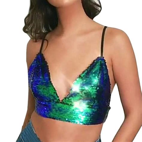 Jaycosin Tops Womens Tank Tops Double Color Sequins Crop Top Sexy Vest Fashion Camisole