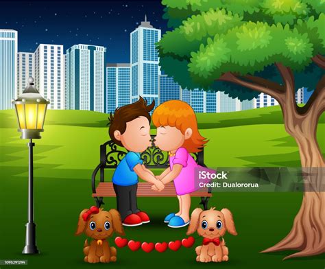 Kartun Pasangan Romantis Berciuman Di Bawah Pohon Di Taman Ilustrasi Stok Unduh Gambar