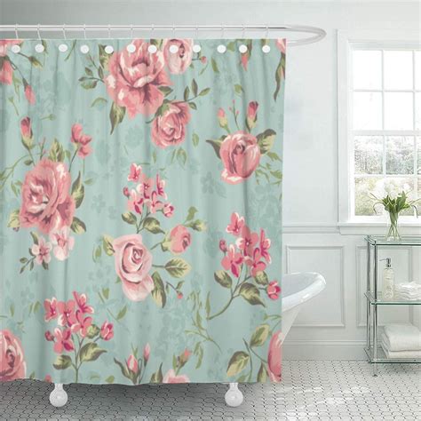 Pknmt Pink Rose Cute Vintage Tiny Flower With Leaf Pattern Blue Floral Pretty Abstract Shower