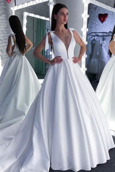 Pure White Satin Wedding Dress Illusion Plunging Neckline Wedding