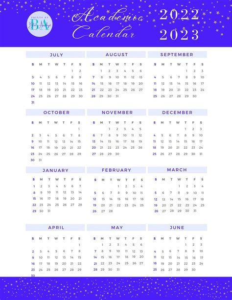 Academic Calendar 2022 2023 Lavender Starfall Etsy
