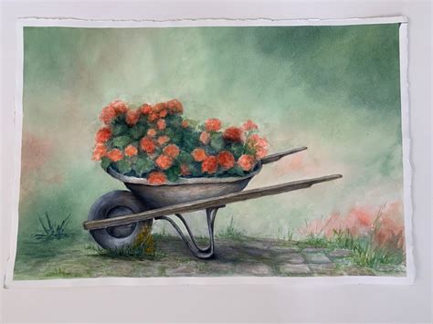 Flowers In A Wheelbarrow Original Watercolour Painting Etsy