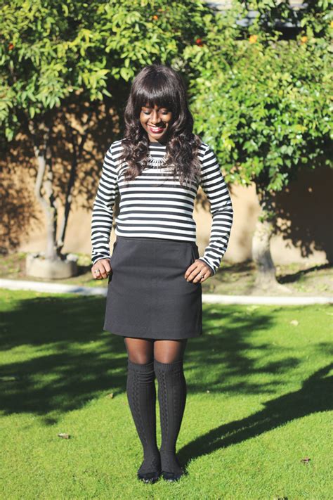 Striped Shirt Black Mini Skirt Knee High Socks Skirt And Knee High