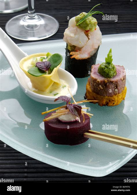 A Selection Of Canapes Fine Dining Stock Photo Alamy